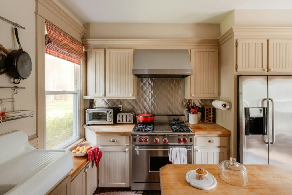 An organized kitchen arranged into practical preparation and appliance zones