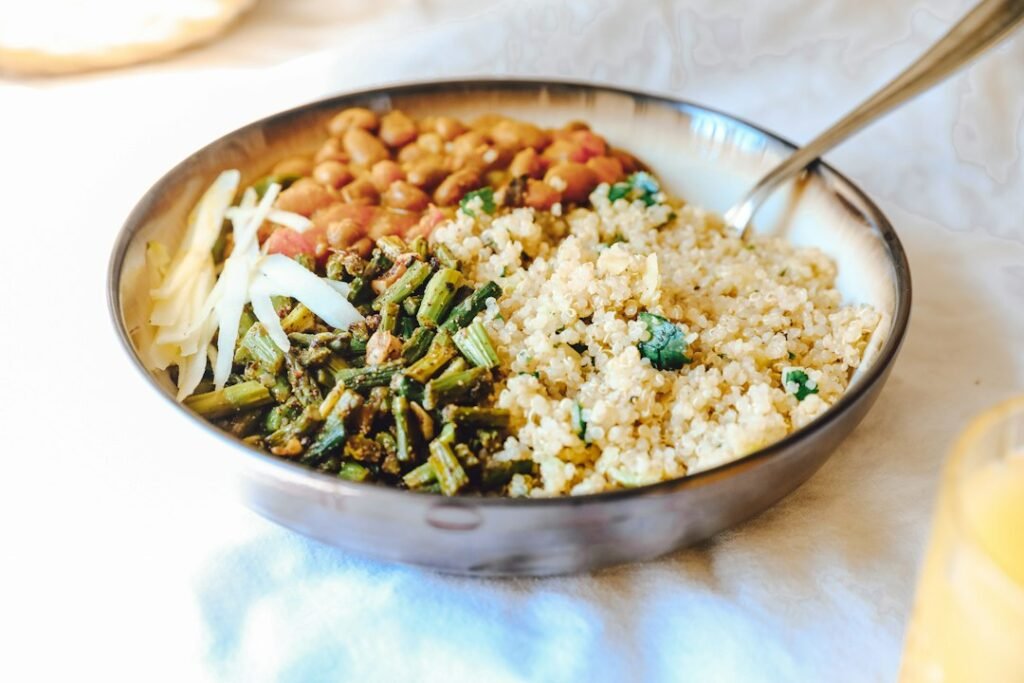 Prepared whole-grain meal bowl with brown rice and vegetables
