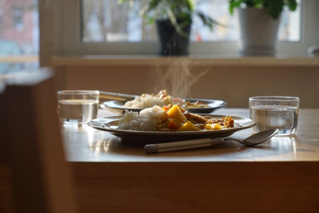 Hot prepared meal served on a table