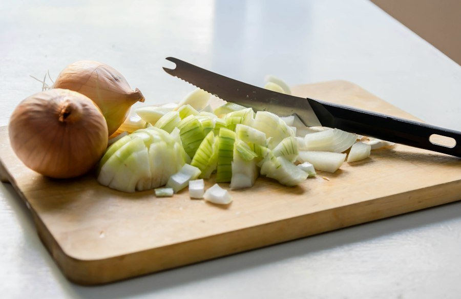 Chopped onions on a cutting board