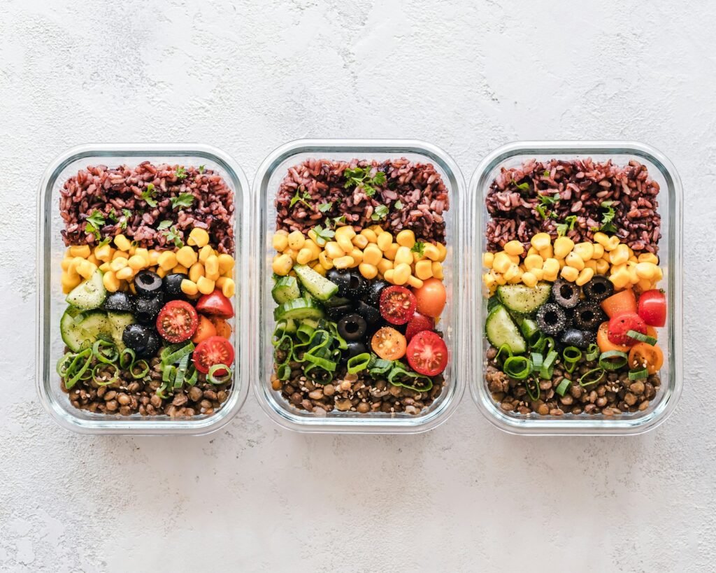 Meal-prep lunch in a container ready to heat at work